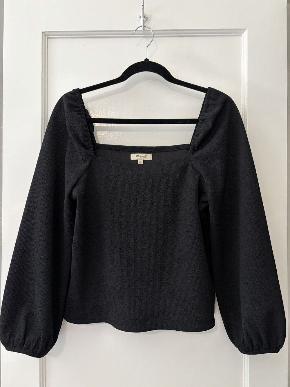 Madewell EUC Black Top Blouse XS Square Neck Puff Sleeve Romantic Feminine